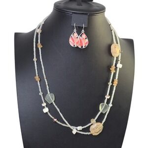 Beaded Necklace and Earring‎ Set Multi Color Stones Pendant Tassel Clasp
